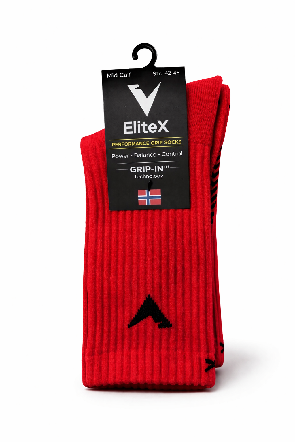 EliteX™ Gripsokker – Rød i midtkalvlengde med grepsteknologi, designet for bedre balanse og kontroll under fotballtrening og kamp.