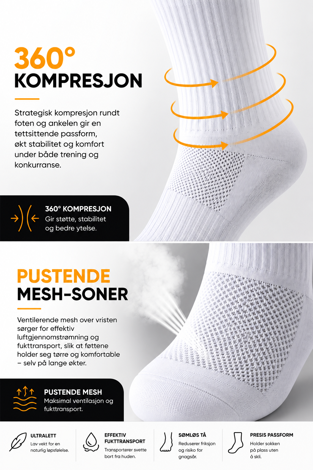NOXCS Pro Løpesokker i hvitt med strategisk kompresjon rundt fot og ankel samt pustende mesh-soner for støtte, ventilasjon og komfort.