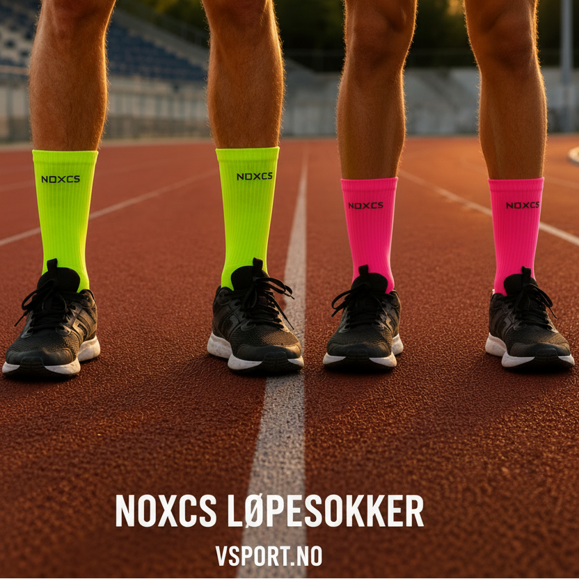 NOXCS Løpesokker Neon Lime vist på løpere med svarte joggesko på en rød løpebane i sollys sammen med rosa sokker