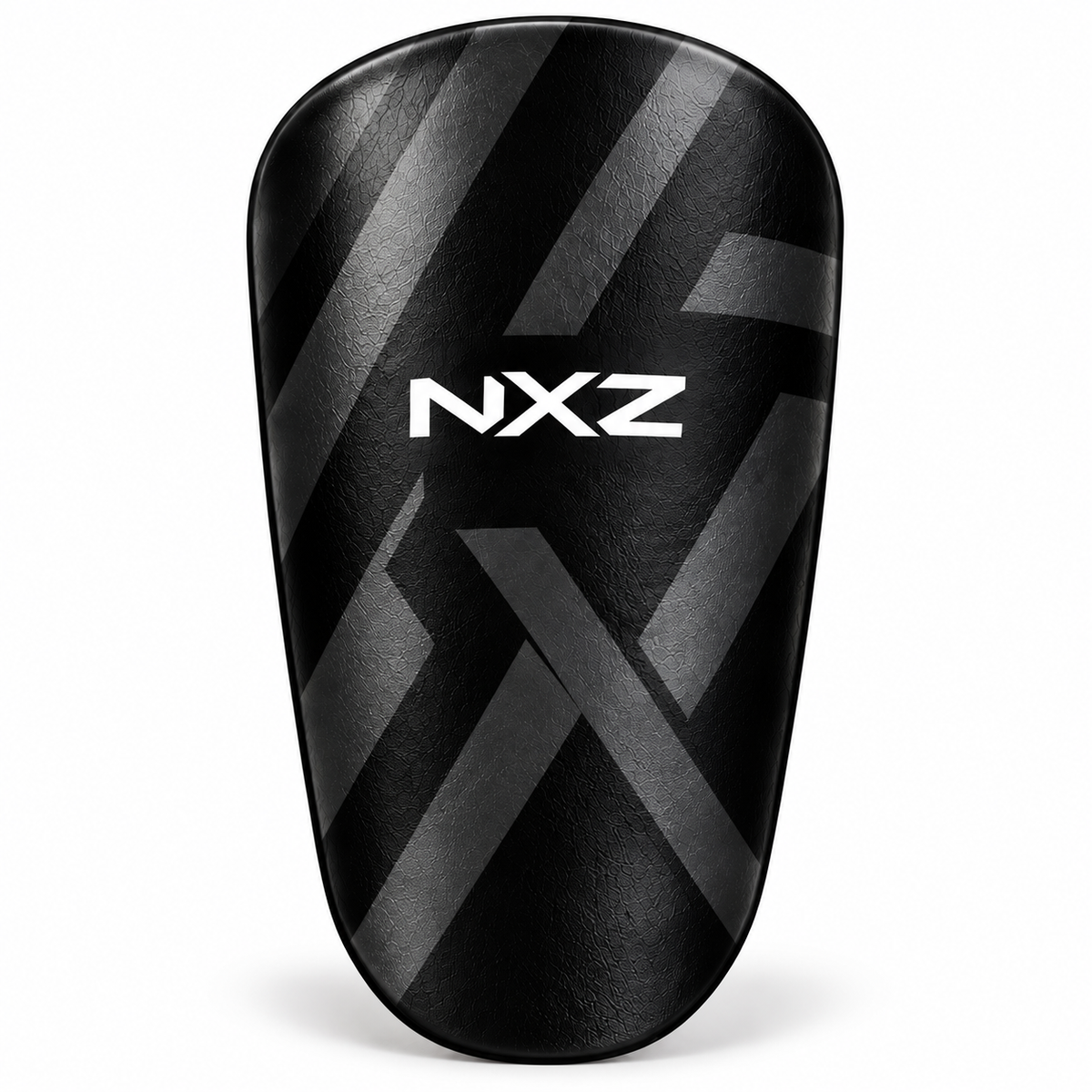 NXZ Mini Leggbeskyttere i svart med NXZ logo og grått geometrisk mønster, designet for komfortabel beskyttelse under fotball og annen aktivitet