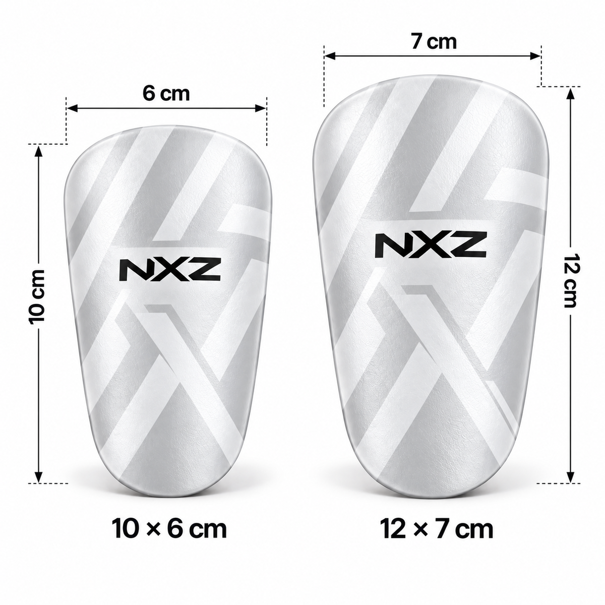 Størrelsesdiagram for NXZ Mini Leggbeskyttere med to størrelser: 10 x 6 cm og 12 x 7 cm