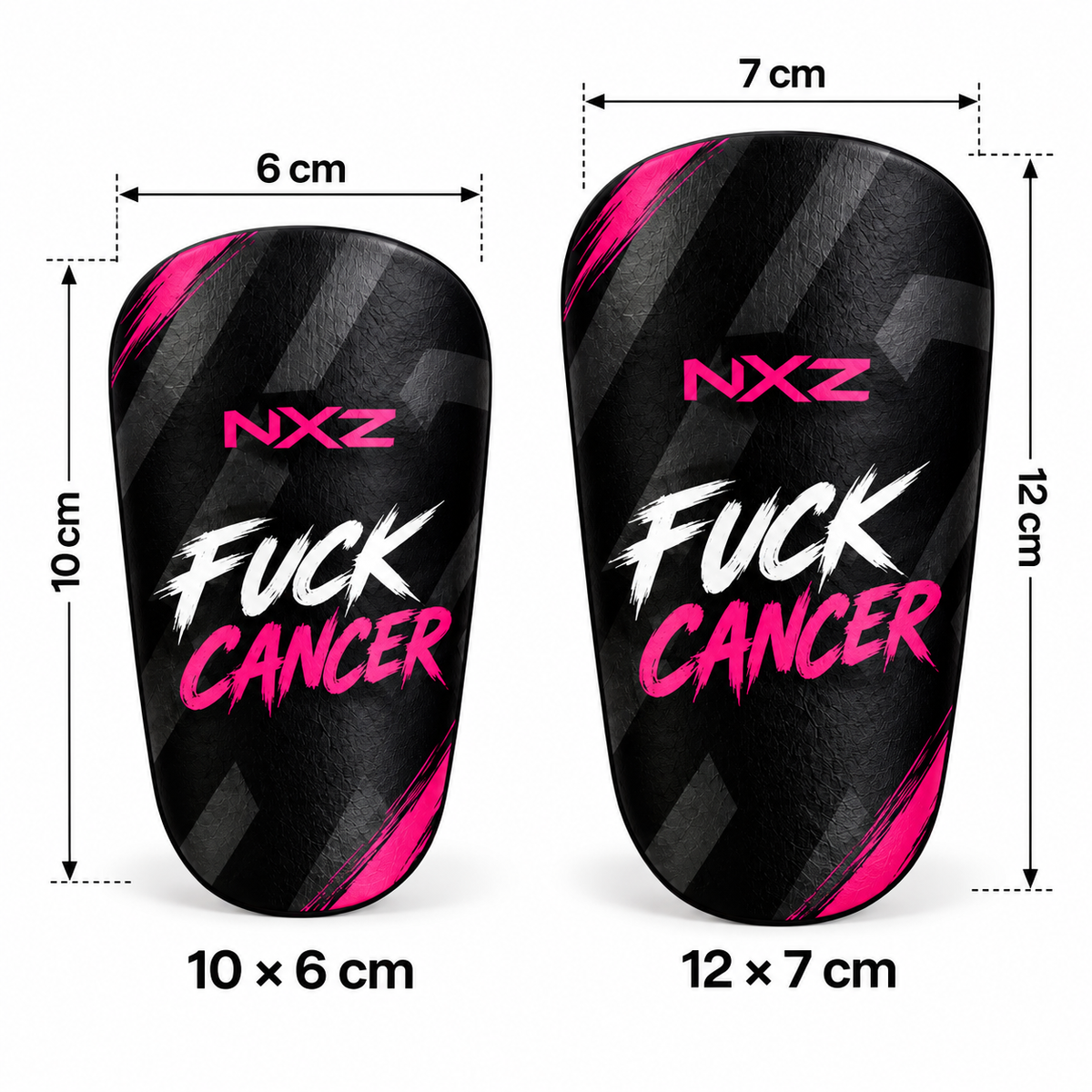 NXZ Mini Leggbeskyttere vist i størrelsesdiagram med to varianter: 10 x 6 cm og 12 x 7 cm, med høyde på henholdsvis 10 cm og 12 cm