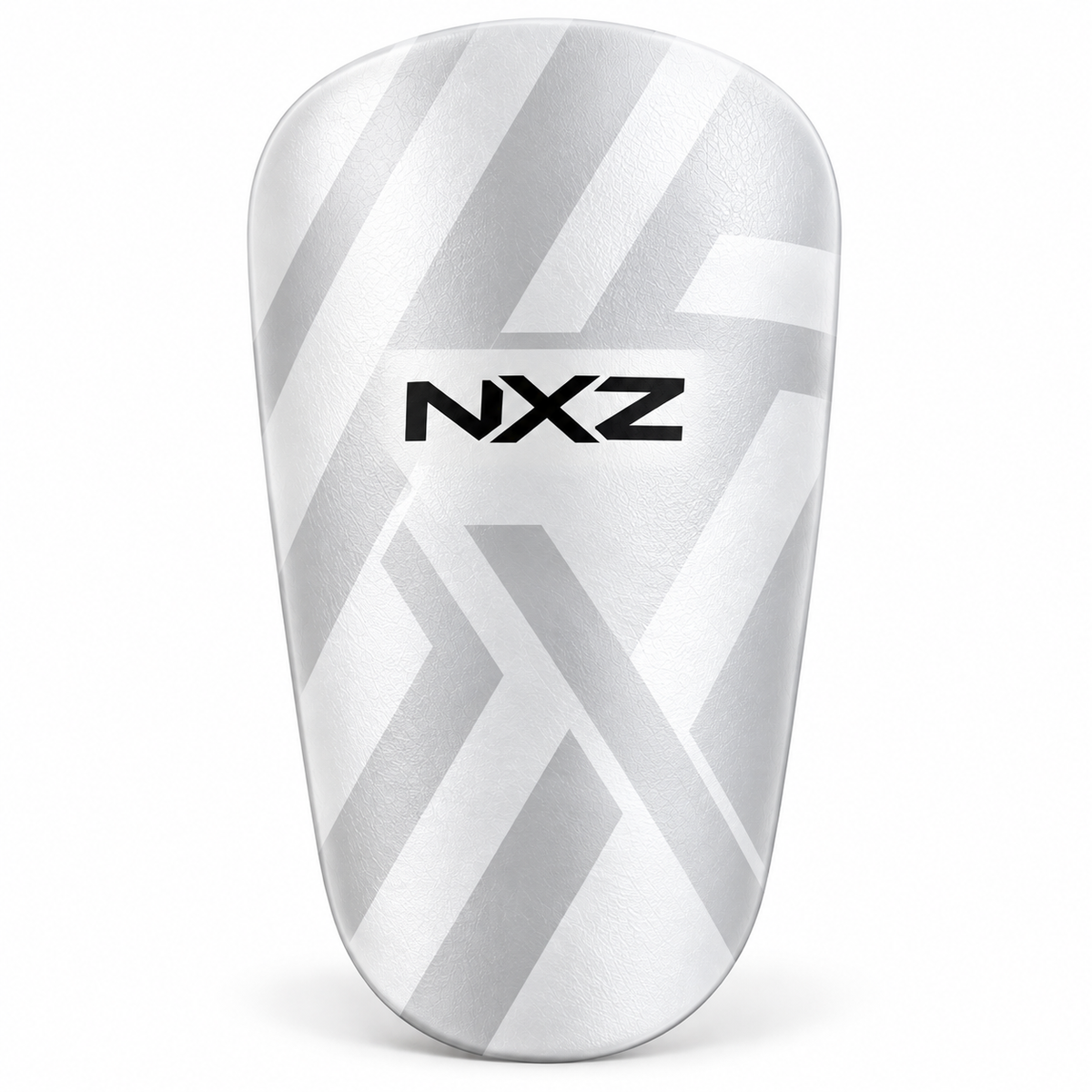 NXZ Mini Leggbeskyttere hvit leggbeskytter med grått geometrisk mønster og NXZ logo sett forfra