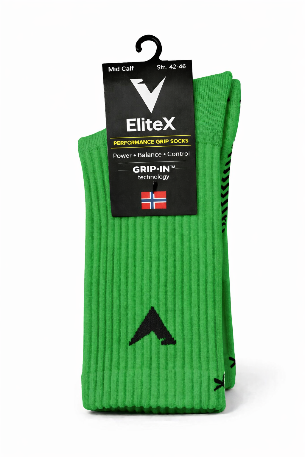 EliteX™ Gripsokker – Grønn i kraftig materiale med ribbestrikket design og norsk flagg, gir ekstra grep og kontroll for bedre balanse og ytelse i fotball.