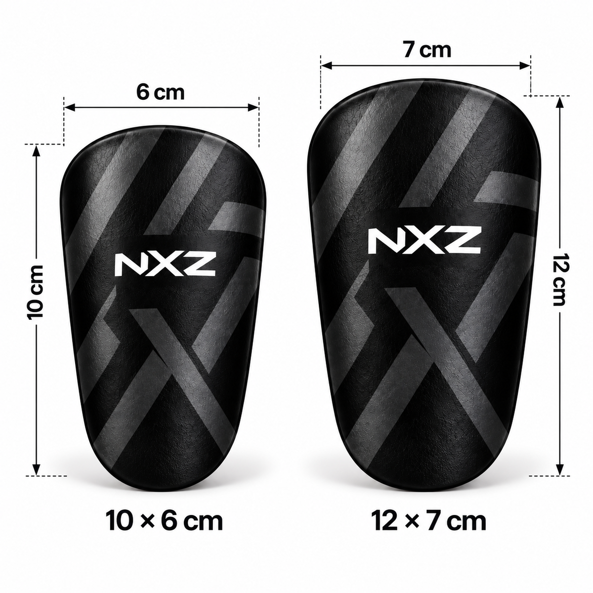 Størrelsesdiagram for NXZ Mini Leggbeskyttere med to størrelser 10 x 6 cm og 12 x 7 cm med mål i centimeter