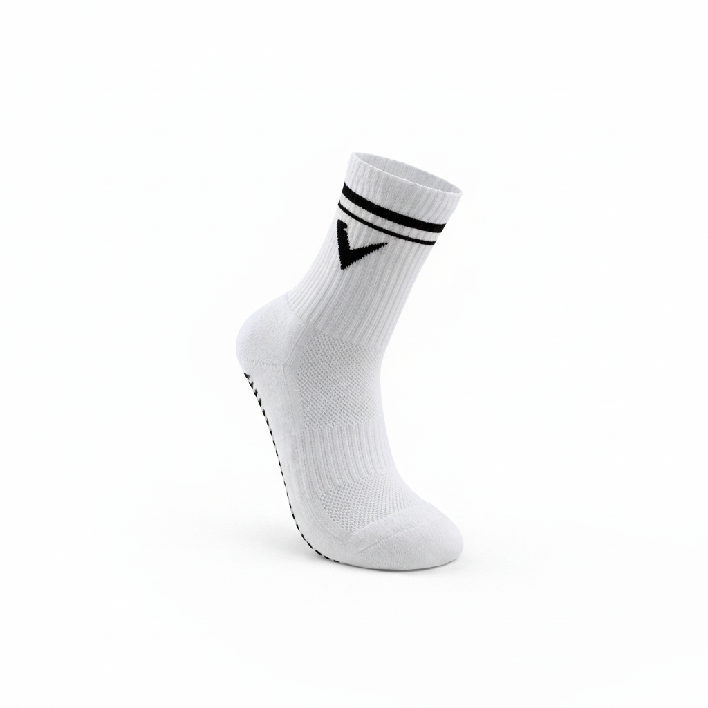 Elite DS Gripsokker i hvit med sort detalj, spesiallaget med antiskli for bedre grep og komfort under fotballspill.