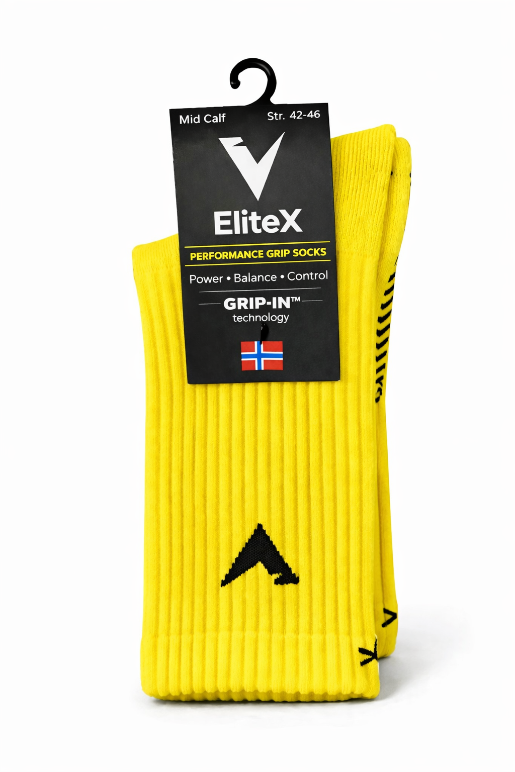 EliteX™ Gripsokker – Gul i ribbestrikket materiale med norsk flagg på etiketten, designet for optimal grep, balanse og kontroll under fotballspill.