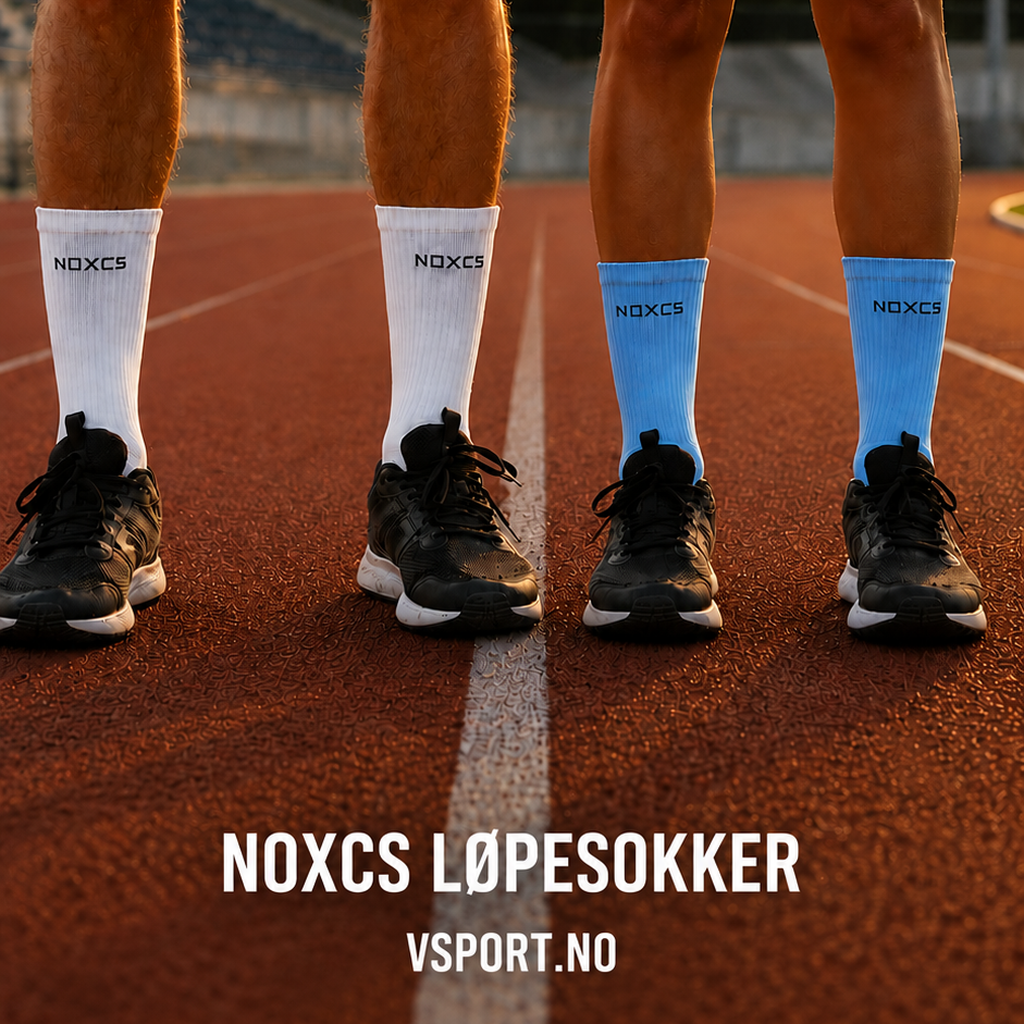 NOXCS Løpesokker Neon Lime vist på løpebane med svarte løpesko og løpere klare til trening velg mellom hvite og blå sokker