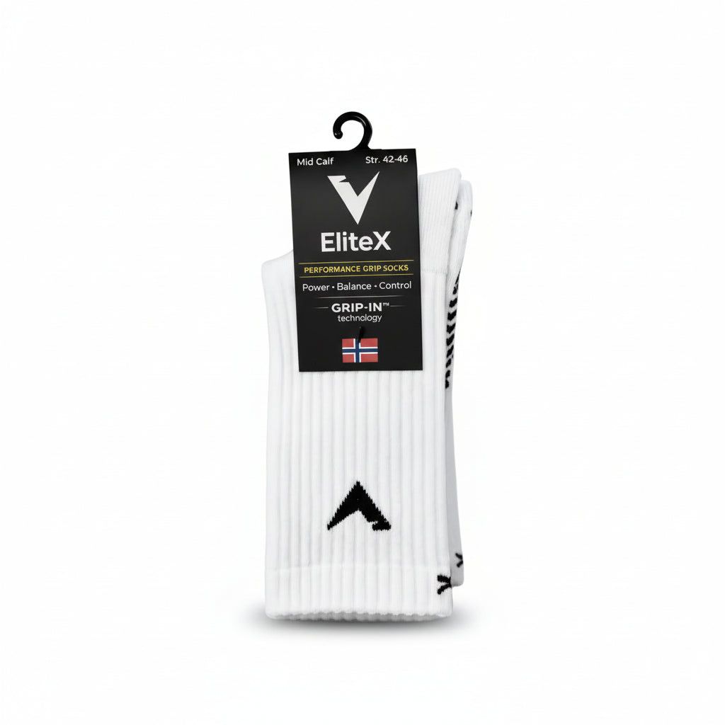 EliteX™ Gripsokker – Hvit pakket i original emballasje med gripeteknologi og norsk flagg, designet for bedre balanse og kontroll under sport.
