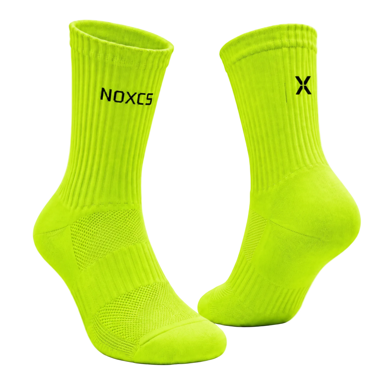 NOXCS Pro Løpesokker i neongult med ribbestrikk og teksturerte antiskliområder for komfort og stabilitet under trening