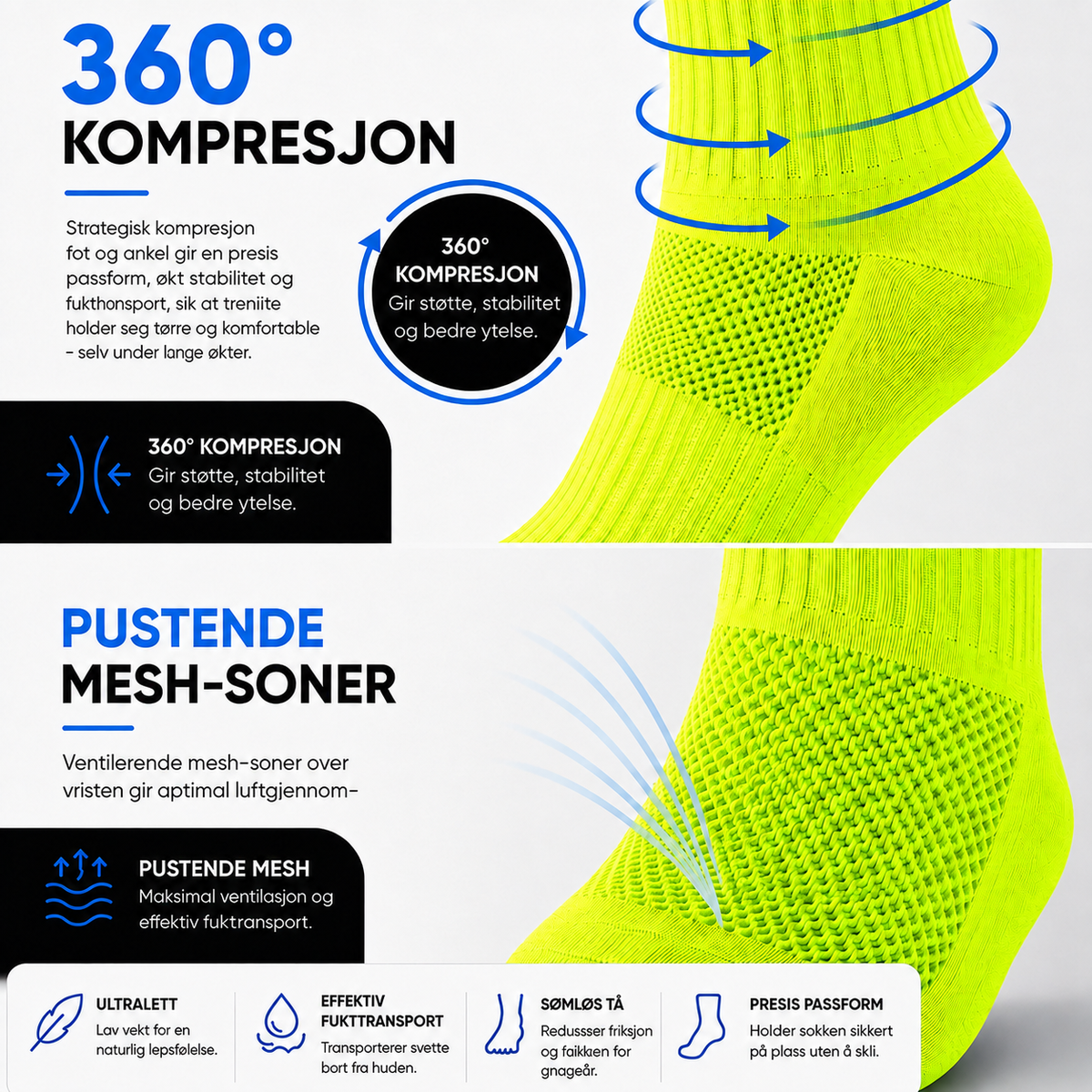 NOXCS Løpesokker Neon Lime med 360 graders kompresjon pustende meshsoner og støttende passform for komfortabel løping